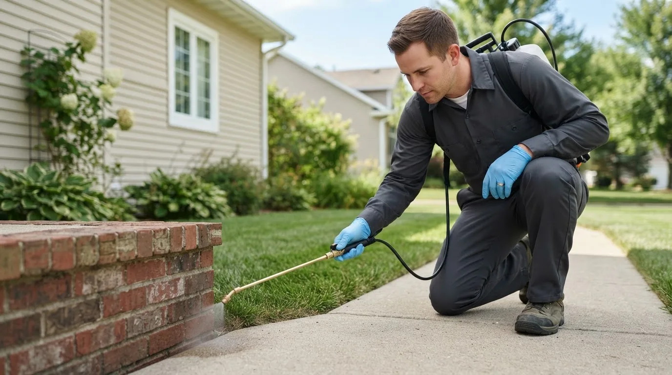 Pest control technician treating a home near Bokchito, OK