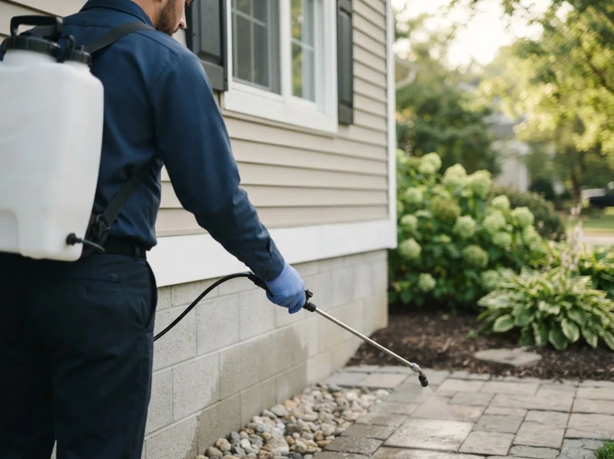 Pest control technician inspecting a home in Bokchito, OK